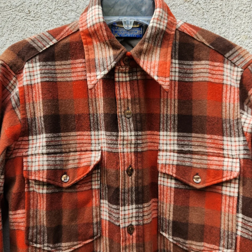 Vintage PENDLETON Men’s Shirt Shacket Size 15 1/2 Orange Plaid Tartan Wool 80s - Picture 2 of 8